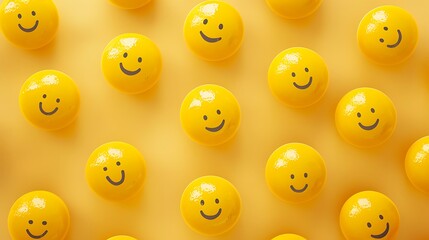 Fototapeta premium Yellow spheres textured with happy face emoji surrounded by other happy face emojis on yellow background
