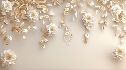 Fototapeta premium Elegant White Blossoms on Golden Vines. White flowers on the wall background and mural wallpaper. High quality AI generated image