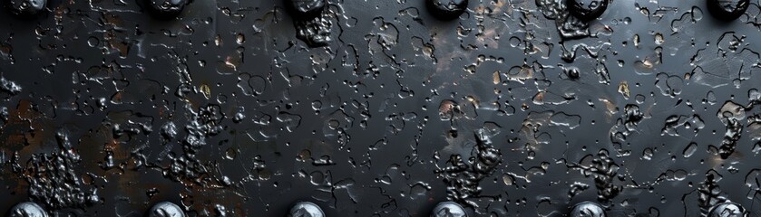 Close-up of dark, textured metal surface with scattered rivets.