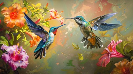 two colorful hummingbirds in mid-flight