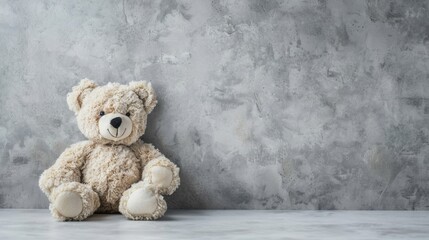 Education and parenting concept with isolated teddy bear soft toy on grey backdrop for childhood with space for text