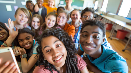 Fototapeta premium copy space, stockphoto, multiracial high school students taking a selfie in a classroom. Students with different ethnic background in school. Selfie portrait. Happy students together. Back to school t