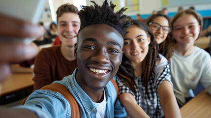 Fototapeta premium copy space, stockphoto, multiracial high school students taking a selfie in a classroom. Students with different ethnic background in school. Selfie portrait. Happy students together. Back to school t
