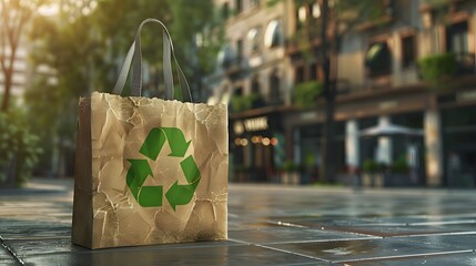 Conceptual design of a recyclable paper bag featuring a green recycle symbol, illustrating the importance of recycling in reducing environmental impact