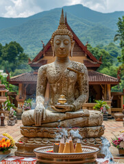 Fototapeta premium Serene Stone Buddha Statue in Ancient Temple with Mountains in Background and Offering Ritual in the Foreground on a Peaceful Day