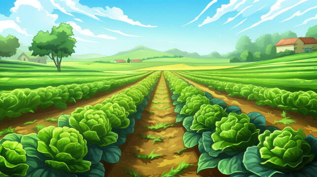 Vibrant farm illustration showcasing organic farming practices in lush green fields.
