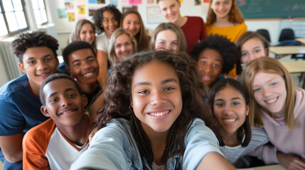 Obraz premium copy space, stockphoto, multiracial high school students taking a selfie in a classroom. Students with different ethnic background in school. Selfie portrait. Happy students together. Back to school t