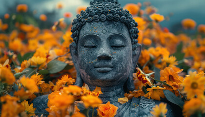 Exquisite Stone Buddha Statue Surrounded by Vibrant Orange Flowers in Tranquil Garden Setting Perfect for Meditation and Spirituality Enthusiasts