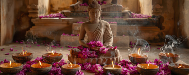Serene Ancient Buddha Statue Surrounded by Flower Petals and Illuminated Candles in Ambient Temple...