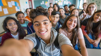copy space, stockphoto, multiracial high school students taking a selfie in a classroom. Students with different ethnic background in school. Selfie portrait. Happy students together. Back to school t