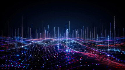 Abstract digital wave landscape with vibrant lines and dots representing data visualization and technological innovation at night.