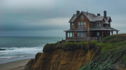A house sits on top of a cliff overlooking the ocean.