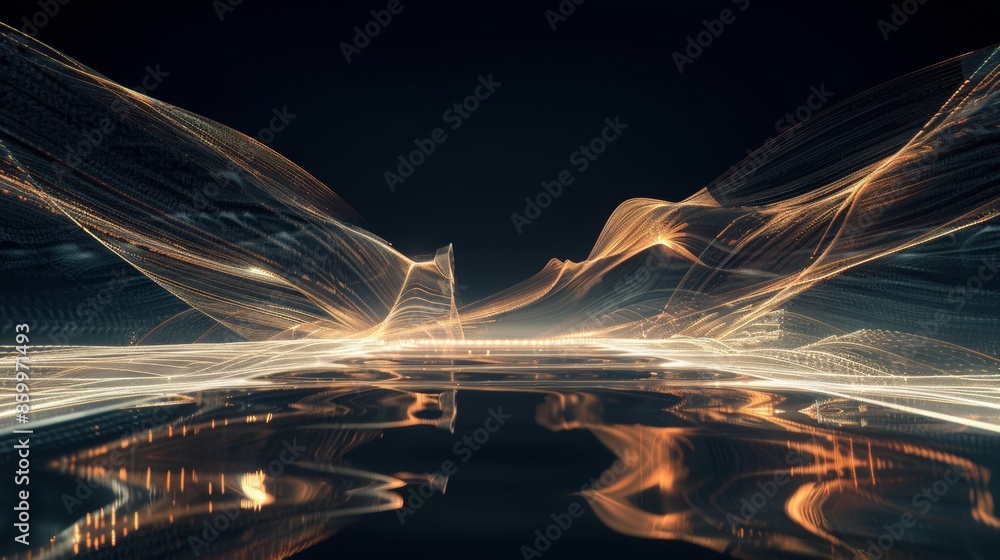 Poster a dark background with energetic glowing lines of currents surging upwards. the lines are geometric 