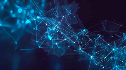 Abstract futuristic network shape featuring blue lines and dots on a dark background, representing communication and technology connectivity.