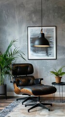 A black leather chair and ottoman in a living room.