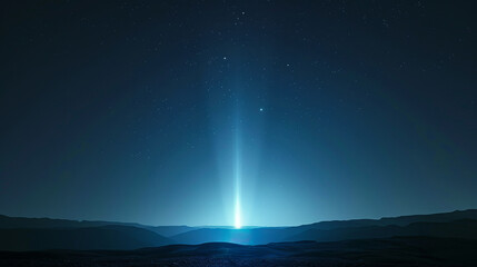 Naklejka premium A mesmerizing night sky with a bright beam of light illuminating the horizon, casting an ethereal glow over a serene landscape.