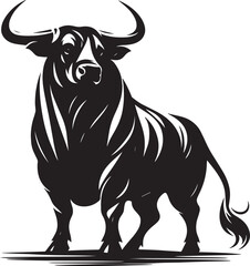 A silhouette of a bull in black and white with a white background