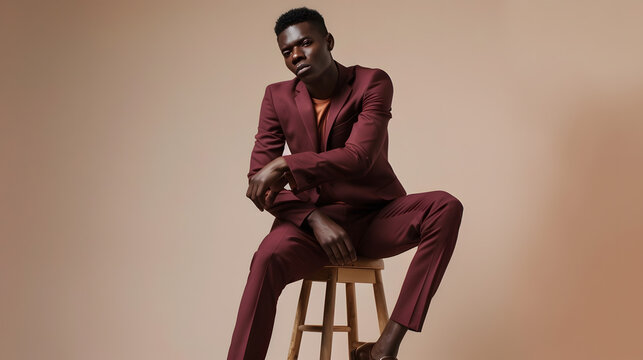 full length of young african american model in burgundy suit sitting on wooden high stool on beige : Generative AI