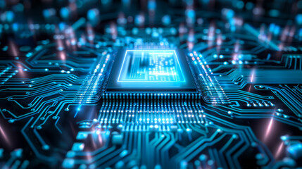 Close-up of a futuristic microchip on a circuit board, showcasing intricate connections and glowing blue lights in a high-tech environment.