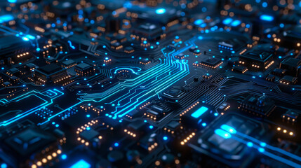 Obraz premium Close-up of a futuristic, glowing circuit board with blue lights, showcasing advanced technology and innovation in digital electronics.