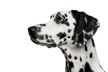 Beautiful dalmatian dog isolated on white background, minimalism, copy space concept, minimalistic stock photo, side view, side portrait of cute adult black and wite DPen Portrait with big spots in th