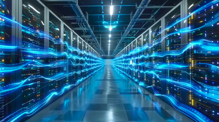 Futuristic data center with glowing blue lights, demonstrating digital technology and advanced server connectivity in a modern IT infrastructure.