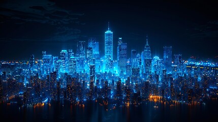 A cityscape with blue lights in the night.