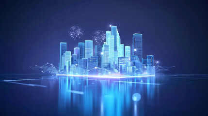 Futuristic digital cityscape with glowing skyscrapers and reflections on a dark background, representing technology and innovation.
