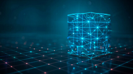 Futuristic digital cube with glowing network connections on a dark grid background, representing technology and data visualization.