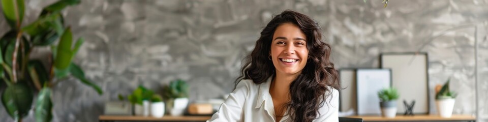 Naklejka premium Confident and Happy Latin Businesswoman Smiling in Her Modern Office with Copy Space, Representing Successful Entrepreneur, Manager, and Small Business Owner Concepts