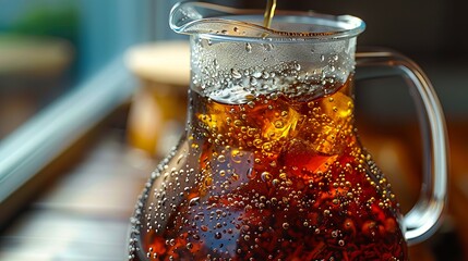 A pitcher of iced tea with a glass of cola.