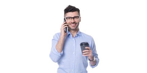 Communication. Businessman speak on phone at coffee break. Man boss has conversation. Business negotiation. Businessman talk on phone. Phone call. Man using phone for communication. Feedback loops