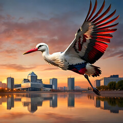 A stork in flight over a belarus cityscape at sunset, reflecting on water below © Ayaz