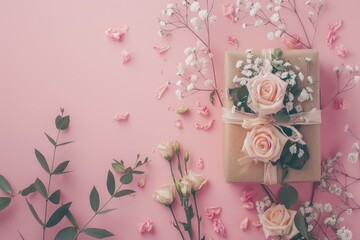 Gift wrapped in brown paper with flowers
