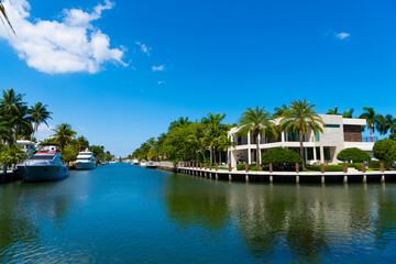 Harbor with yacht at seaside summer destination. Seaside summer destination with boat and palm in harbor. Seaside harbor perfect destination for summer. Destination point. Summer vibes