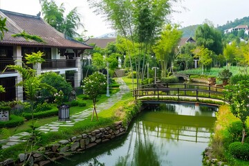 Obraz premium A small bridge over a stream in a garden.