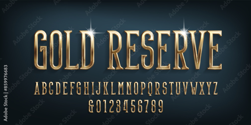 Fototapete gold reserve alphabet font. 3d golden letters and numbers. stock vector typeface for your design.