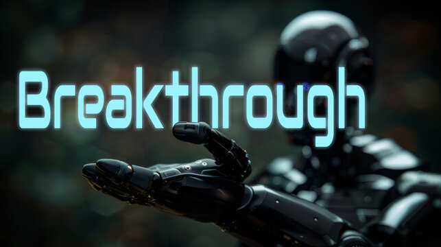 Breakthrough word on the hand of a humanoid robot. Text concept of business and technology. Copy space.