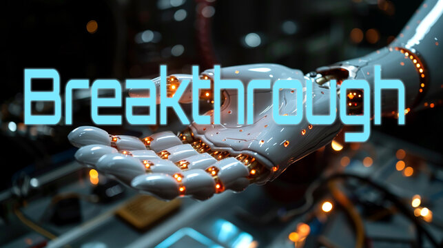 Breakthrough word on the hand of a humanoid robot. Text concept of business and technology. Copy space.