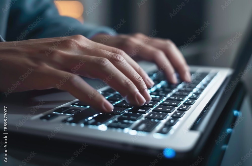 Poster closeup image of hands typing on a laptop keyboard with ambient lighting, illustrating computer work