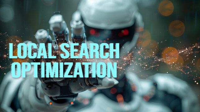 Local search optimization word on the hand of a humanoid robot. Text concept of business and technology. Copy space.
