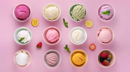 Assortment of Ice Cream Scoops in Bowls on Pink Background