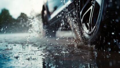 Car Driving Through the Puddle and Splashing Water