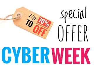 A brown sale tag on a white background with the words cyber week up to  70% off special offer, signaling special discounts, deals, prices or promotions
