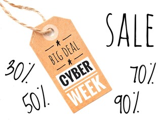 A brown sale tag on a white background with the words cyber week big deals, showing discounts of 30%, 50%, 70% and 90%