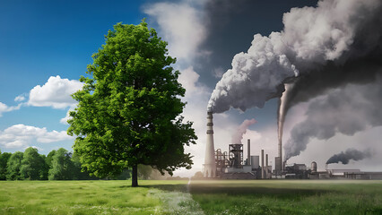 Compare a green tree and meadow with clear air to a factory emitting pollution and its effects on climate change, 3D illustration rendering
