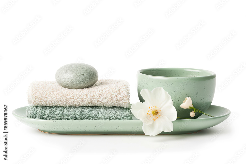 Poster spa product arrangement isolated on a white background. cutout image for showcasing wellness and hea
