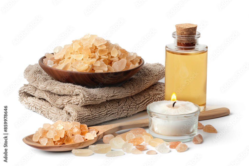 Poster spa product arrangement isolated on a white background. cutout image for showcasing wellness and hea
