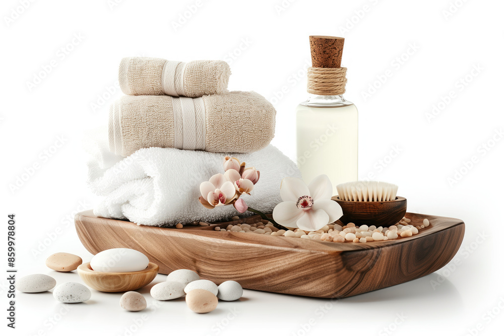 Poster spa product arrangement isolated on a white background. cutout image for showcasing wellness and hea