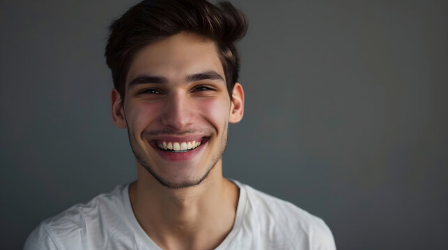 Young handome man smiling over gray background : Generative AI